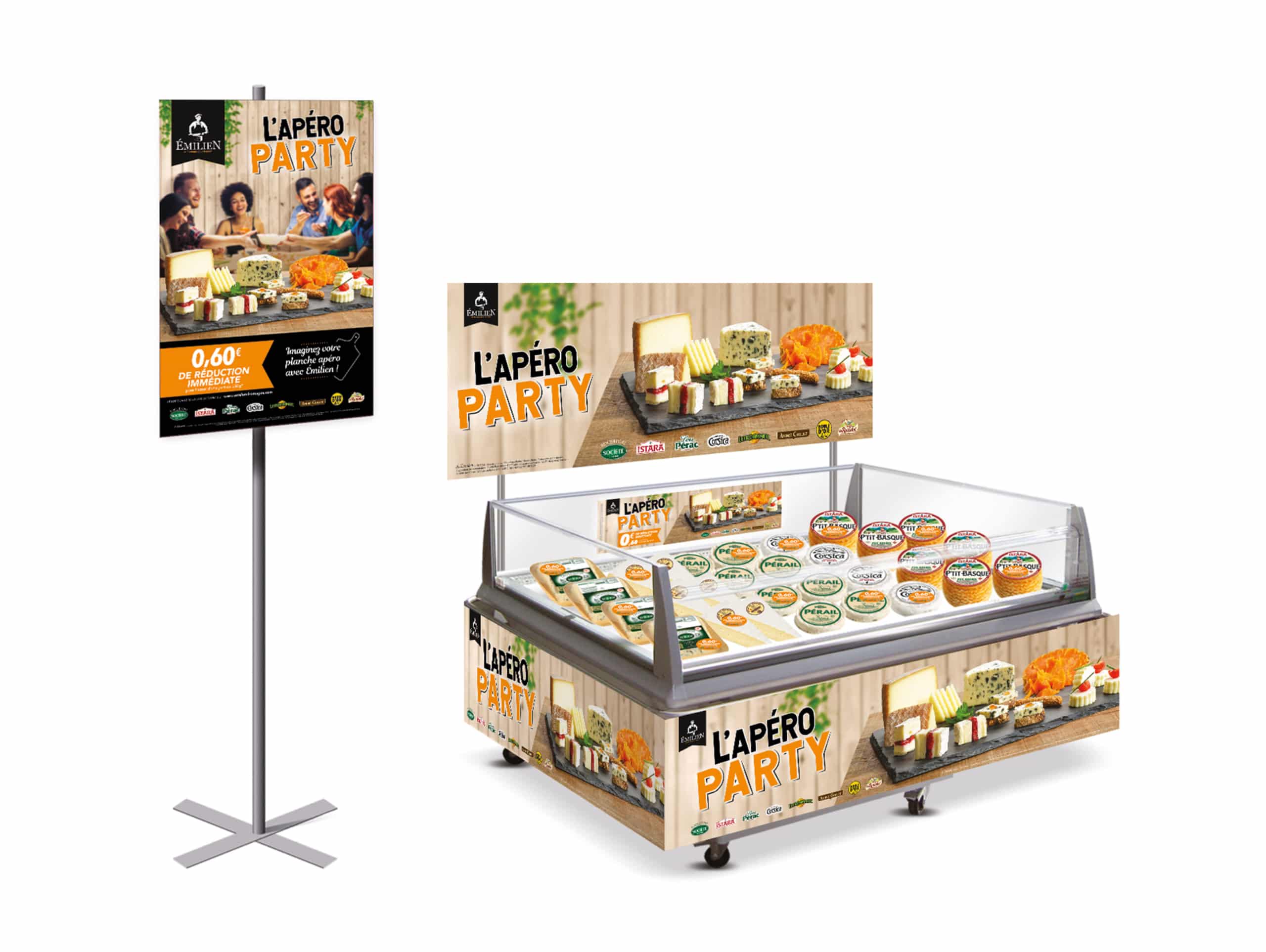 Stand installé en magasin pour valoriser les fromages et les packs, du client Emilien Fromages de l'agence de communication Les Dissidents