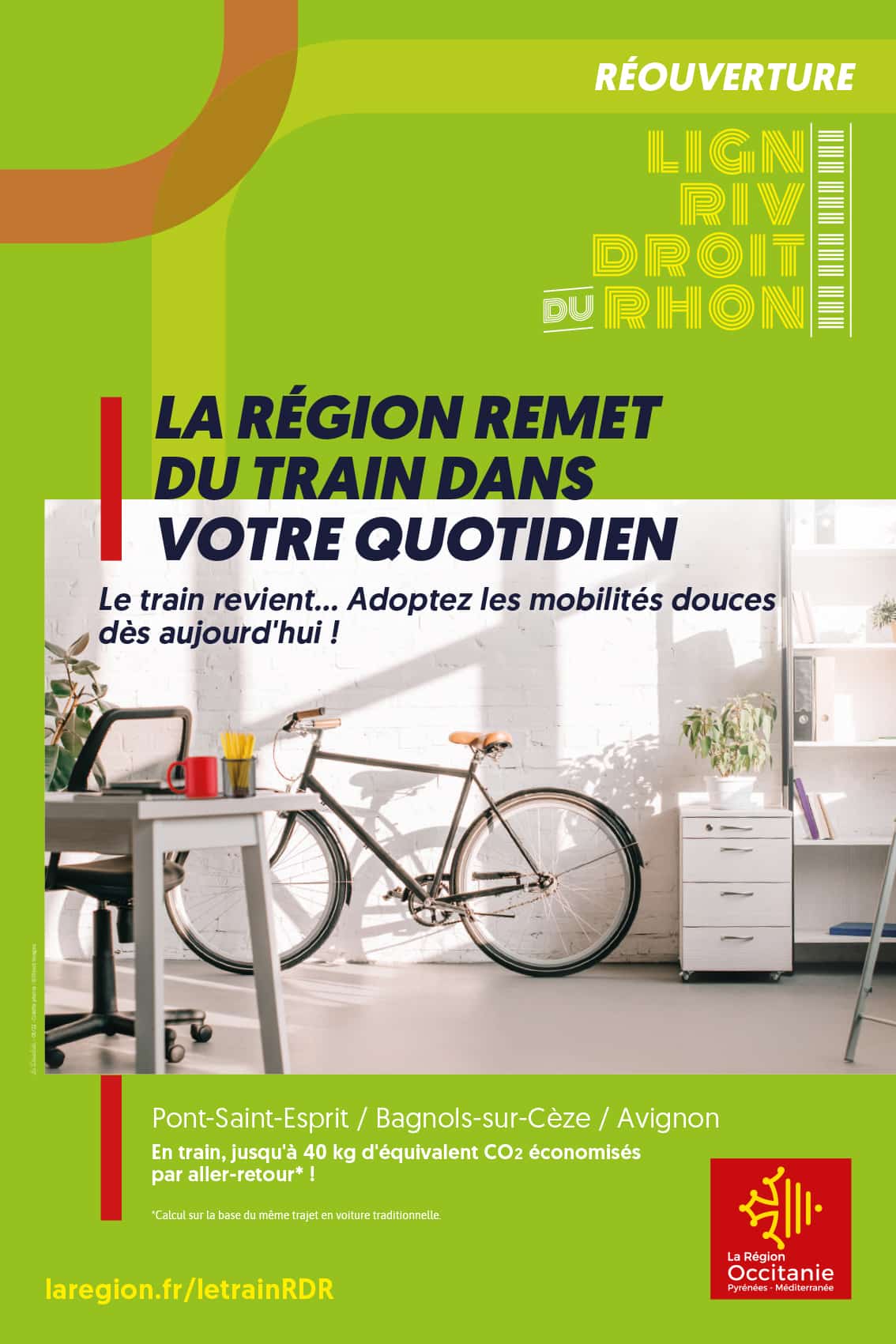 Affichage concernant la réouverture d'une ligne de train à Occitanie, réalisé par l'agence conseil en communication de Montpellier Les Dissidents