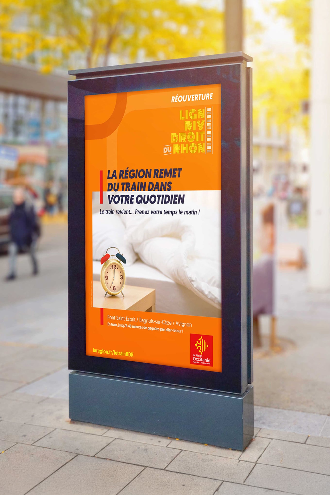 Affichage dans le cadre d'une réouverture ferroviaire pour montrer l'engagement quotidien de la Région Occitanie, pensée par l'agence conseil Les Dissidents basée à Montpellier