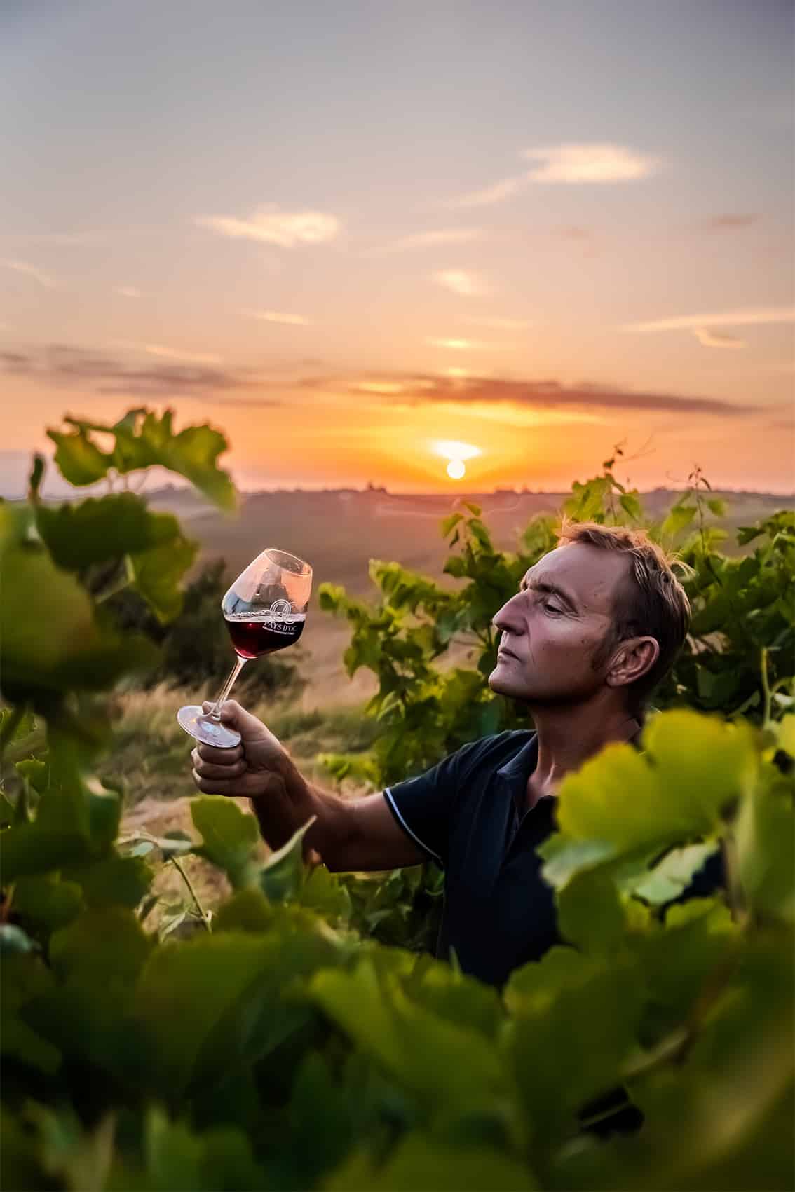 Photo shootée par le photographe professionnel Les insensés d'un vigneron Pays d'Oc IGP dans sa vigne avec un verre de vin